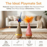 Self-Righting Pet Toy with Natural Wood Base and Durable Fabric Top, Featuring Feather Options and Playful Smile Design, Perfect for Indoor Cats and Small Dogs to Chase, Bat, and Enjoy Endless Fun. (Combo2)
