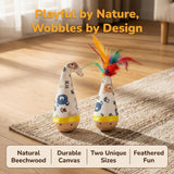 Self-Righting Pet Toy with Natural Wood Base and Durable Fabric Top, Featuring Feather Options and Playful Smile Design, Perfect for Indoor Cats and Small Dogs to Chase, Bat, and Enjoy Endless Fun. (Combo3)