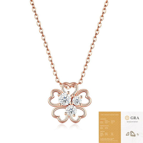 Elegant Four-Leaf Clover Moissanite Pendant Necklace in Rose Gold, Featuring Three Heart-Shaped Stones with Eight Hearts and Eight Arrows Cut, Perfect for Daily Wear, Commuting, and Gifting with Adjustable Chain (Moissanite, Premium S925)