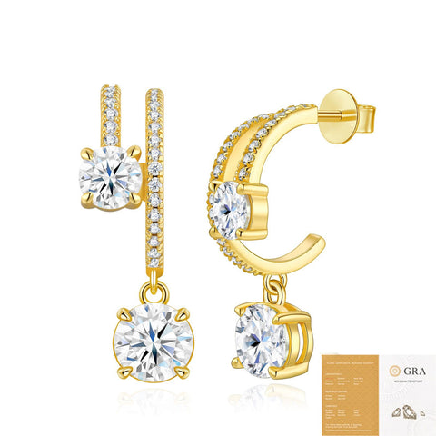 Elegant C-Shaped Drop Earrings with Round Moissanite and Micro-Pave Setting, Crafted in 925 Silver with 18K Gold Plating for Daily Chic and Special Occasions (Moissanite, Premium S925) In Australia - Darrahopens