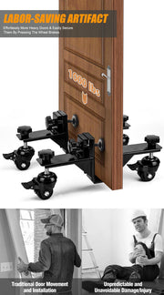 Adjustable Door Installation Roller Tool with 360° Swivel Brake Casters, U-Shaped Clamp for Heavy Wooden Door Lifting, Moving and Positioning During Indoor Setup (2PCS)