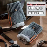 Men's Thick Knitted Flip-Top Gloves with Plush Lining, Convertible Design for Touchscreen Use, Winter Warmth for Outdoor Activities and Daily Commute (Blue)