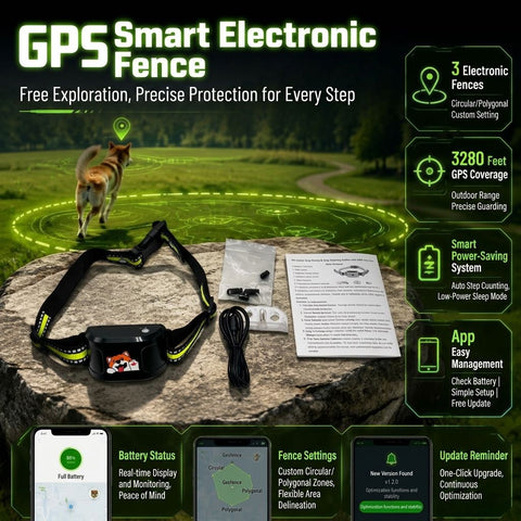 GPS Smart Pet Fence Training Collar with Wireless Boundary Control, Bluetooth App Customization, and Rechargeable Battery for Outdoor Dog Training and Safety (Black)