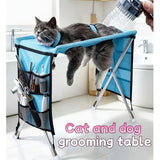 Foldable Pet Grooming Table for Cats and Small Dogs, Multi-functional Care Station with Mesh Bed, Storage Pockets, and Adjustable Restraint Straps for Nail Trimming, Hair Brushing, Bathing, and Ear Cleaning (Beige)