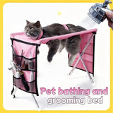 Foldable Pet Grooming Table for Cats and Small Dogs, Multi-functional Care Station with Mesh Bed, Storage Pockets, and Adjustable Restraint Straps for Nail Trimming, Hair Brushing, Bathing, and Ear Cleaning (Pink)