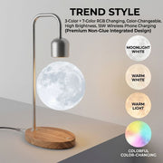 Darrahopens Home & Garden > Lighting > Night Lights & Ambient Lighting Levitating Moon Lamp with 15W Wireless Charger – 3D Printed Lunar Sphere, Real Wood Base, 3 Ambient Light Modes + 7 RGB Colors, Smart Desk Lamp for Home Office Decor and Gift Giving (Trend,3‑Color+7‑Color RGB,Color‑Changeable,High Bright,15W Wireless Char