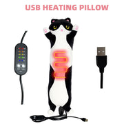 USB-Powered Cartoon Cat Heating Pad, Plush Kitten Warm Pillow for Waist, Neck, Shoulder Relief, Cute Black-and-White Cow Cat Design with Adjustable Temperature and Timer