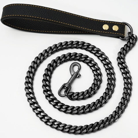 Luxury Cuban Link Dog Leash with Genuine Leather Handle – Polished Stainless Steel Pet Walking Chain for Large Dogs, Durable 14mm Heavy-Duty Leash, Gold, Rose Gold, Silver, or Gunmetal Finish (Black, 120cm（47.2in）) In Australia - Darrahopens