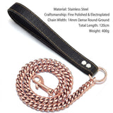 Luxury Cuban Link Dog Leash with Genuine Leather Handle – Polished Stainless Steel Pet Walking Chain for Large Dogs, Durable 14mm Heavy-Duty Leash, Gold, Rose Gold, Silver, or Gunmetal Finish (Black, 120cm（47.2in）) In Australia - Darrahopens