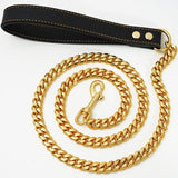 Luxury Cuban Link Dog Leash with Genuine Leather Handle – Polished Stainless Steel Pet Walking Chain for Large Dogs, Durable 14mm Heavy-Duty Leash, Gold, Rose Gold, Silver, or Gunmetal Finish (Black, 120cm（47.2in）)