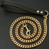 Luxury Cuban Link Dog Leash with Genuine Leather Handle – Polished Stainless Steel Pet Walking Chain for Large Dogs, Durable 14mm Heavy-Duty Leash, Gold, Rose Gold, Silver, or Gunmetal Finish (Black, 120cm（47.2in）)