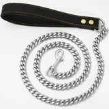Luxury Cuban Link Dog Leash with Genuine Leather Handle – Polished Stainless Steel Pet Walking Chain for Large Dogs, Durable 14mm Heavy-Duty Leash, Gold, Rose Gold, Silver, or Gunmetal Finish (Black, 120cm（47.2in）)