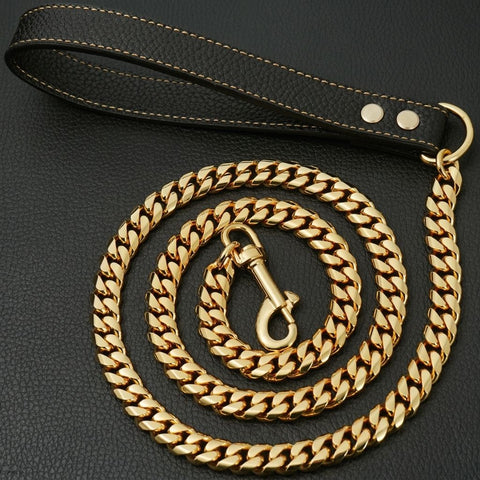 Premium Cuban Link Dog Leash with Genuine Leather Handle – Heavy-Duty Stainless Steel Pet Walking Chain for Large Dogs, Polished Electroplated Finish, Secure and Comfortable Grip for Daily Walks (Gold, 120cm（47.2in）) In Australia - Darrahopens