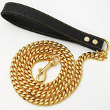 Premium Cuban Link Dog Leash with Genuine Leather Handle – Heavy-Duty Stainless Steel Pet Walking Chain for Large Dogs, Polished Electroplated Finish, Secure and Comfortable Grip for Daily Walks (Gold, 120cm（47.2in）)