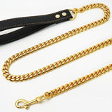 Premium Cuban Link Dog Leash with Genuine Leather Handle – Heavy-Duty Stainless Steel Pet Walking Chain for Large Dogs, Polished Electroplated Finish, Secure and Comfortable Grip for Daily Walks (Gold, 120cm（47.2in）)