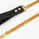 Premium Cuban Link Dog Leash with Genuine Leather Handle – Heavy-Duty Stainless Steel Pet Walking Chain for Large Dogs, Polished Electroplated Finish, Secure and Comfortable Grip for Daily Walks (Gold, 120cm（47.2in）)