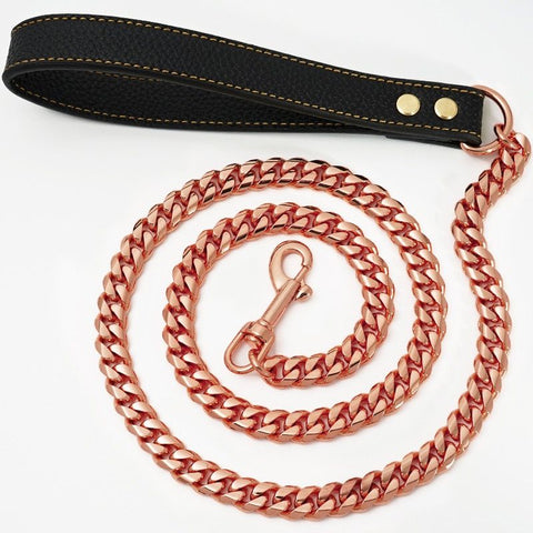 Luxury Cuban Link Dog Leash with Genuine Leather Handle – Polished Stainless Steel Pet Walking Chain for Large Dogs, Durable 14mm Heavy-Duty Leash, Gold, Rose Gold, Silver, or Gunmetal Finish (RoseGold, 120cm（47.2in）) In Australia - Darrahopens