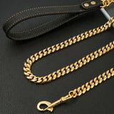 Luxury Cuban Link Dog Leash with Genuine Leather Handle – Polished Stainless Steel Pet Walking Chain for Large Dogs, Durable 14mm Heavy-Duty Leash, Gold, Rose Gold, Silver, or Gunmetal Finish (RoseGold, 120cm（47.2in）) In Australia - Darrahopens