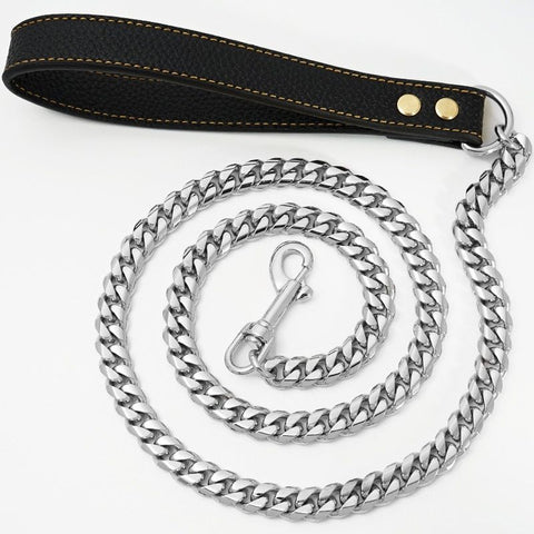 Premium Cuban Link Dog Leash with Genuine Leather Handle – Heavy-Duty Stainless Steel Pet Walking Chain for Large Dogs, Polished Electroplated Finish, Secure and Comfortable Grip for Daily Walks (Silver, 120cm（47.2in）) In Australia - Darrahopens