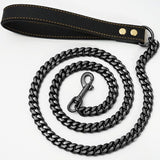 Premium Cuban Link Dog Leash with Genuine Leather Handle – Heavy-Duty Stainless Steel Pet Walking Chain for Large Dogs, Polished Electroplated Finish, Secure and Comfortable Grip for Daily Walks (Silver, 120cm（47.2in）)