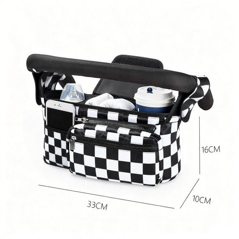 Multifunctional Stroller Organizer Bag – Universal Hanging Storage Pouch with Insulated Bottle Holder, Detachable Pouch, and Adjustable Straps, Doubles as a Crossbody Diaper Bag for On-the-Go Convenience (Black-White Checkered) In Australia - Darrahopens