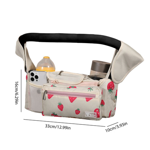 Multifunctional Stroller Organizer Bag – Universal Hanging Storage Pouch with Insulated Bottle Holder, Detachable Pouch, and Adjustable Straps, Doubles as a Crossbody Diaper Bag for On-the-Go Convenience (Strawberry)