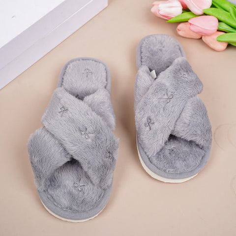 Cozy Cross-Band Plush Slippers with Embroidered Bow, Non-Slip Indoor & Outdoor Wear for Women, Soft Fleece Lining for Warmth and Comfort (L(40-41), Grey) In Australia - Darrahopens