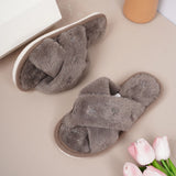 Cozy Cross-Band Plush Slippers with Embroidered Bow, Non-Slip Indoor & Outdoor Wear for Women, Soft Fleece Lining for Warmth and Comfort (L(40-41), Grey)