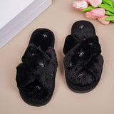 Cozy Cross-Band Plush Slippers with Embroidered Bow, Non-Slip Indoor & Outdoor Wear for Women, Soft Fleece Lining for Warmth and Comfort (S(36-37), Black) In Australia - Darrahopens