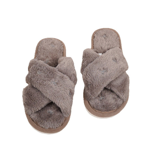 Cozy Cross-Band Plush Slippers with Embroidered Bow, Non-Slip Indoor & Outdoor Wear for Women, Soft Fleece Lining for Warmth and Comfort (XL(42-43), Brown) In Australia - Darrahopens