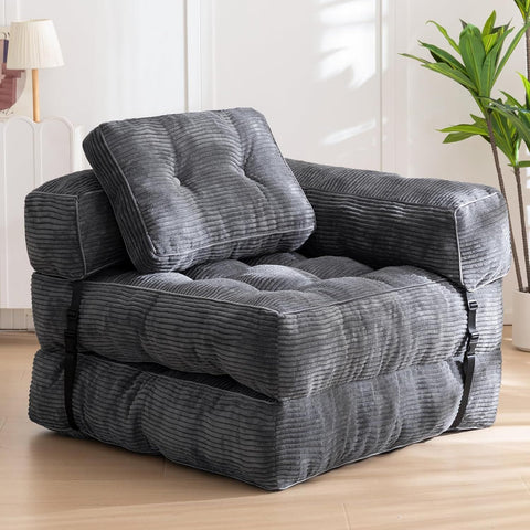 Darrahopens Furniture > Sofas > Sofas & Sofa Beds Foldable Corduroy Sofa Bed with Tufted Buttons and Side Buckle Straps, Convertible Lounger for Reading, Gaming, Napping and Relaxing in Living Rooms (Grey) In Australia - Darrahopens
