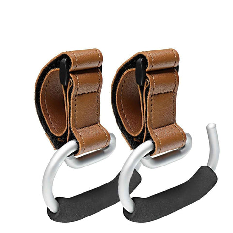 Universal Stroller Hooks with PU Leather Straps – Heavy-Duty Aluminum Baby Stroller Organizer for Hanging Bags, Purses, and Diaper Bags on Stroller Handles or Frames (2PCS（Brown）)