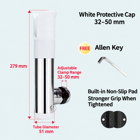 Bottom-Mounted Detachable Stainless Steel Fishing Rod Holder with 360° Rotatable Clamp for Boat Rail Fishing, Durable Corrosion-Resistant Construction, Quick Install and Removal, Protective Caps, Ideal for Saltwater and Freshwater Angling (32-50mm, White)