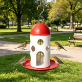 Hanging Bird Feeder with Red Dome Roof and Perch, Outdoor Wild Bird Feeding Station for Garden, Yard, Balcony, or Park Decoration and Bird Watching (Red)