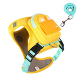 Stylish Color-Block Dog Backpack Harness with Built-in Poop Bag Dispenser – No-Pull Vest Design, Breathable Mesh Interior, and Matching 1.5m Leash for Fun-Filled Daily Walks and Outdoor Mini Adventures (L, Blue)