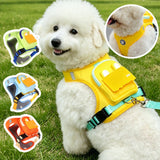 Stylish Color-Block Dog Backpack Harness with Built-in Poop Bag Dispenser – No-Pull Vest Design, Breathable Mesh Interior, and Matching 1.5m Leash for Fun-Filled Daily Walks and Outdoor Mini Adventures (L, Yellow)