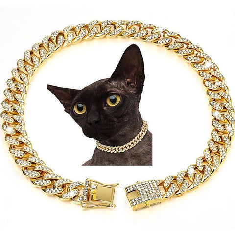 Sparkling Diamond-Studded Cuban Chain Pet Collar – Hip-Hop Bling Necklace for Cats and Small Dogs, Adjustable Fit, Gold, Silver, Rose Gold, or Pink Crystal Accents, Bold Fashion Statement for Your Furry Trendsetter (Gold, 55cm（22in）)