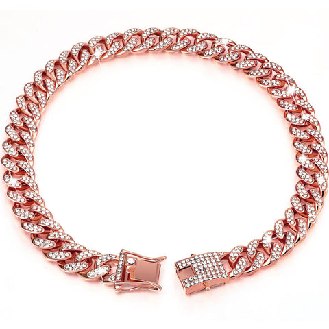 Sparkling Diamond-Studded Cuban Chain Pet Collar – Hip-Hop Bling Necklace for Cats and Small Dogs, Adjustable Fit, Gold, Silver, Rose Gold, or Pink Crystal Accents, Bold Fashion Statement for Your Furry Trendsetter (RoseGold, 55cm（22in）)