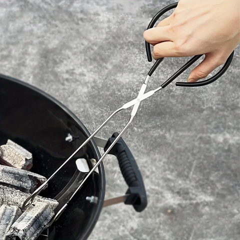 Long, sturdy, and heat-resistant charcoal tongs for grilling food. Made of stainless steel, these portable tongs are suitable for outdoor grilling, charcoal, and fire pits.