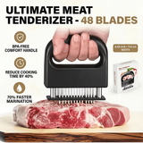 Heavy-duty meat tenderizer with 48 stainless steel needles and a locking mechanism – suitable for tenderizing steaks, beef, pork, turkey, fish, and poultry. Can be used with marinades. The black ABS handle is designed for professional kitchens.