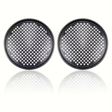 Two pizza baking pans, each 30.48 cm in diameter, feature ventilation holes for improved cooking efficiency and a non-stick coating, making them ideal for oven use.