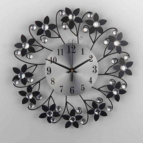 Black Blue Floral Wall Clock Crystal Wall Clock Silent Wall Clock Home Decor Clock Elegant