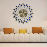 Blue Silver Peacock Wall Clock Crystal Wall Clock Home Decor Clock Large Wall Clock