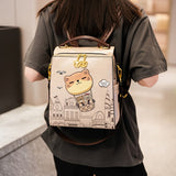 Fashionable Backpack Printed Backpack Double-Shoulder Backpack Cute Cat Print - Beige - Size 29-24-13