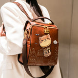Fashionable Backpack Printed Backpack Double-Shoulder Backpack Cute Cat Print - Brown - Size 29-24-13
