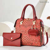 Ladies Hand-Held Bags 2-Piece Set Embroidered Print Retro Stylish Bag With - Khaki - Size 24-13-24