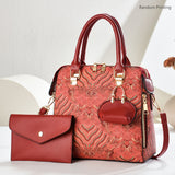 Ladies Hand-Held Bags 2-Piece Set Embroidered Print Retro Stylish Bag With - Pink - Size 24-13-24