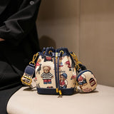 Women'S Bucket Bag Bear Print Handbag Trendy Handbag British Style Bag - Brown - Size 11-14-19
