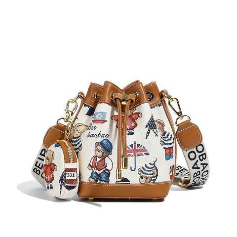 Women'S Bucket Bag Bear Print Handbag Trendy Handbag British Style Bag - Pink - Size 11-14-19