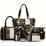 Women'S Bag Set Six Piece Bag Set Checkered Bag Large Capacity Bag Korean Style - Black - Size 30-27-13
